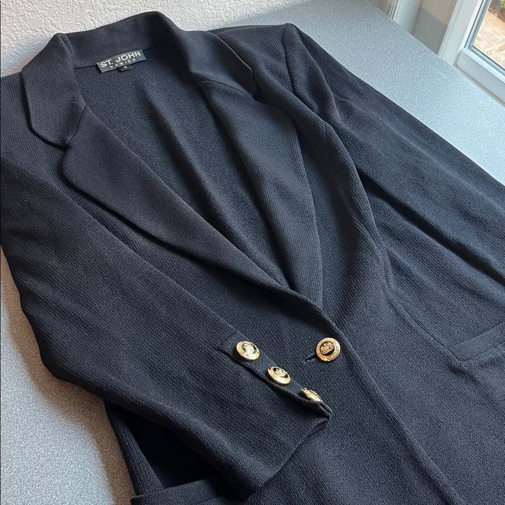 St John Black Knit 2 Piece Suit Jacket Pants Evening Basics Size 16 - Picture 2 of 14